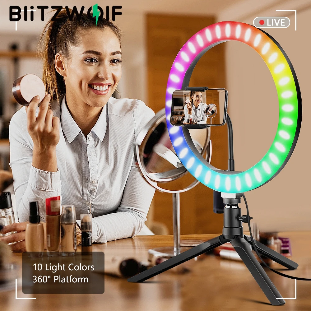 BlitzWolf 26cm LED Ring of Right Light with Tripod Selfie Lamp Ringlight Ringlamp for Youtube Makeup Clothes Photographic | Электроника