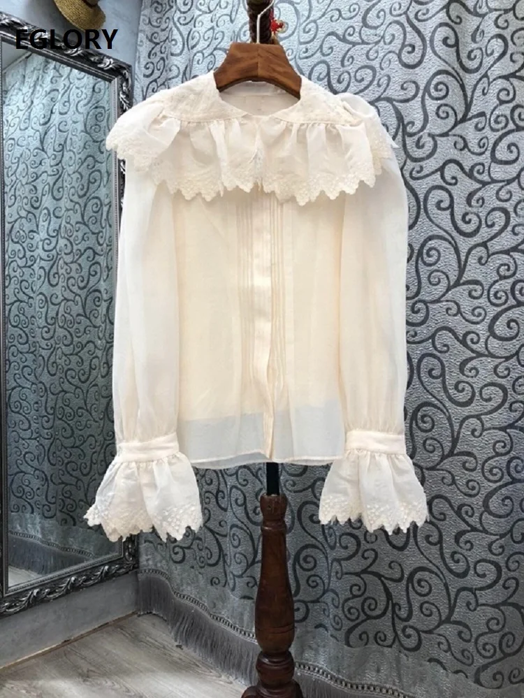 

Top Quality Designer Blouse Shirt 2020 Autumn Winter Runway Women Big Turn-down Collar Embroidery Deco Flare Sleeve Cotton Shirt