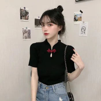 

Korean Chic Summer New Tee Women Short Sleeve Slim Chinese Knot Design Tops Basic Solid Color TShirts Casual Knitting T-Shirt
