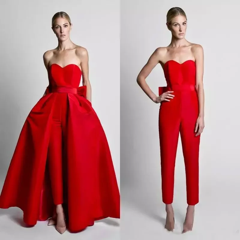 plus size evening wear Red Jumpsuit Evening Dresses With Detachable Skirt 2021 Sweetheart Formal Pants Suit Prom Party Gown With Bow Sleeveless black formal dresses Evening Dresses