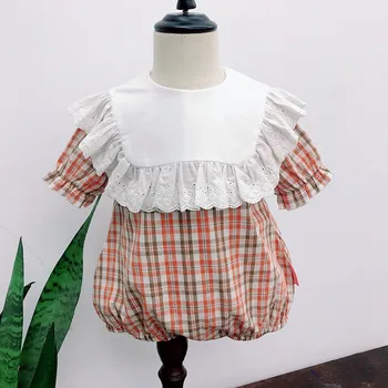

Toddler Girls Plaid Lace Summer Rompers Baby New Sweet Holiday Fashion Short Sleeve Infant Clothes