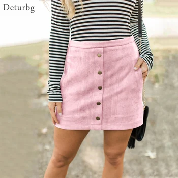 

Womens Fashion Buttoned Suede Skirt Female Sexy High Waist Back Zipped Pockets Pink Pencil Skirts Saias Faldas 2019 Autumn SK427