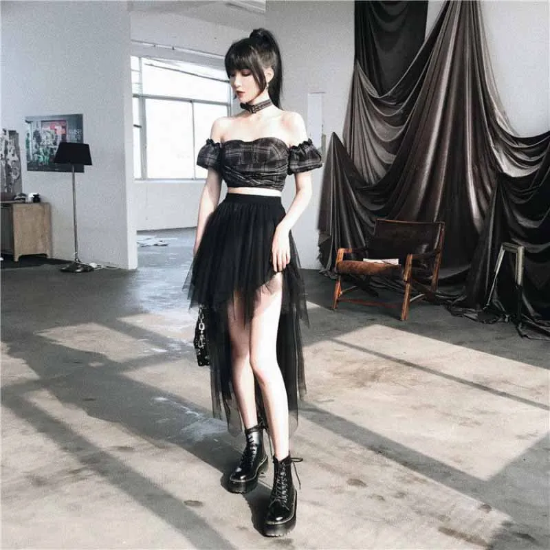 Women's High Waist Bust Mesh Skirt Short Front and Long Back 2023 Korean Office Lady  Off-the-shoulder plaid blouse Ball Gown