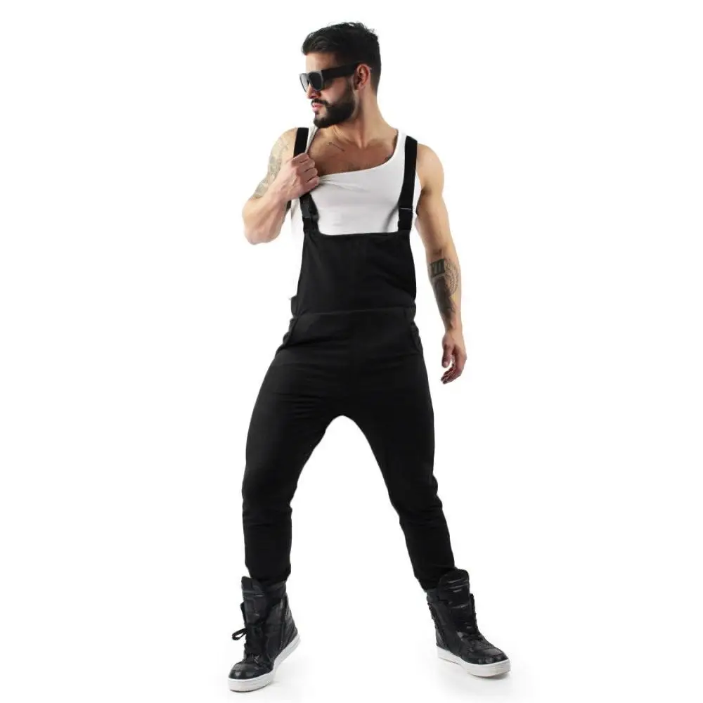 Men fashion Jumpsuit Wide Leg Pants Solid Rompers Loose Pockets Casual Suspenders Trousers Men Cargo Overalls Streetwear - Цвет: black