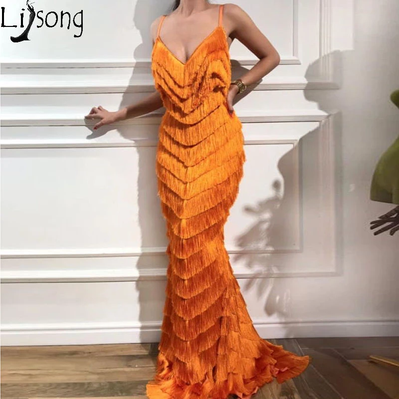 Orange Tassels Mermaid Prom Dresses Elegant V Neck Spaghetti Strap Formal Evening Dress Abendkleider Custom Made Celebrity Gown Evening Dresses Aliexpress