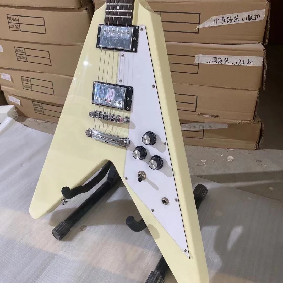 Fly-V Electric Guitar Cream Yellow Color Mahogany Body Rosewood Fingerboard High Quality Guitarar Free Shipping