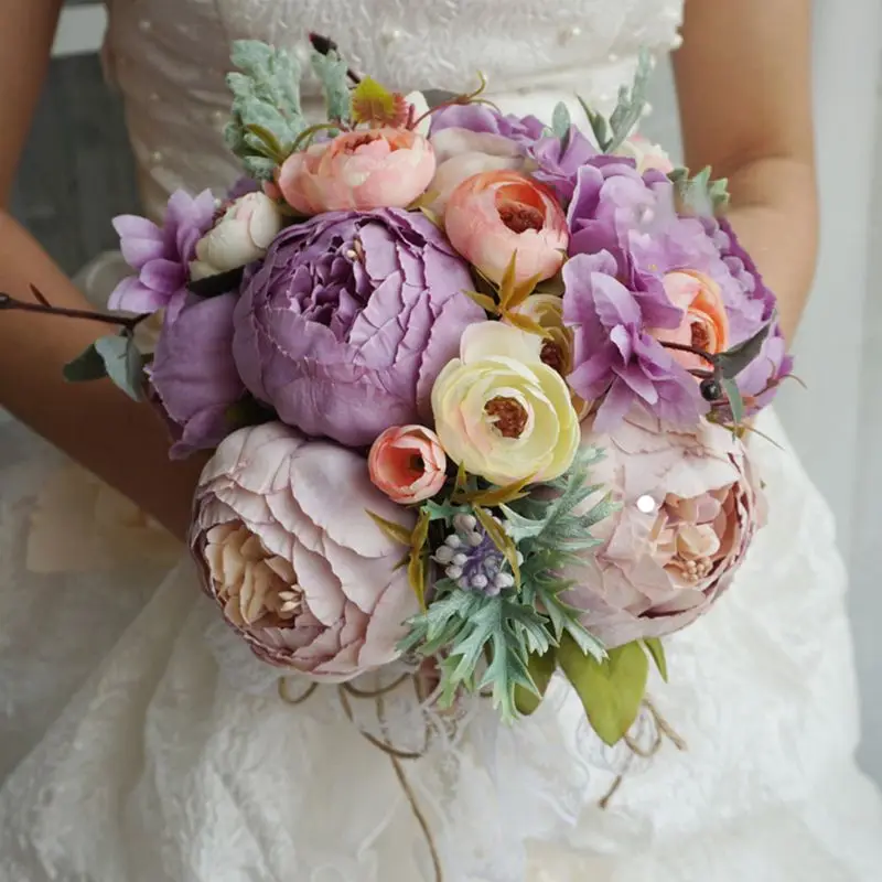 

Realistic Artificial Peony Wedding Bouquets Handmade Tea Rose Fake Berry Romantic Bride Bridesmaid Holding Flower Party Decor