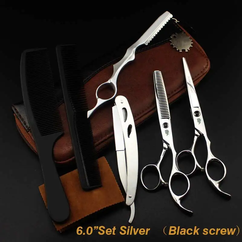 Silver-Black Set2 Новые Профессиональные Парикмахерские ножницы для стрижки волос, набор парикмахерских ножниц, высококачественные парикмахерские ножницы, 6,0 дюймов, разные цвета - Цвет: Silver-Black Set2