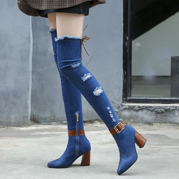 

Fashion Womens Denim Boots Over The Knee Pointed Toe Thick High Heels Shoes Woman Casual Tassel Cut Out Jeans Long Botas Mujer