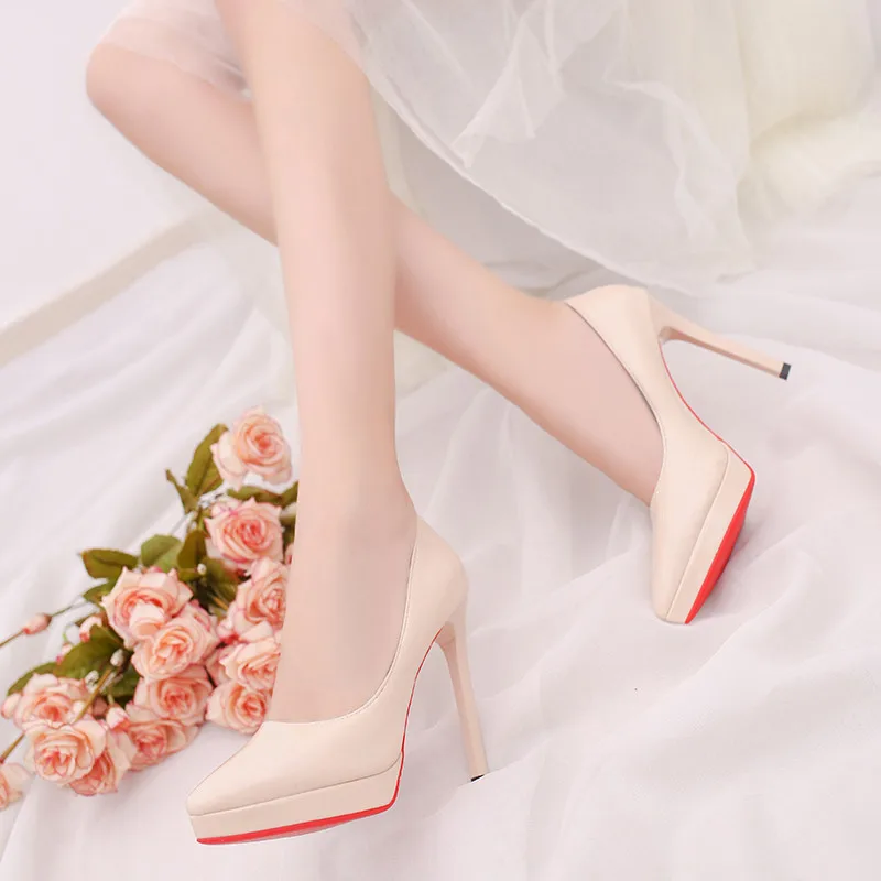 

Womens Platform Pumps Shoes Ladies 11cm High Heels Nude Wedding Shoes Zapatos Mujer Pointed Toe Red Bottom Patent Leather Pumps
