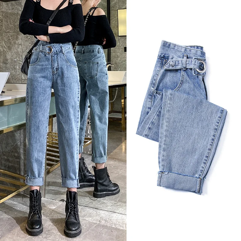 

High waist jeans woman street style elastic waist denim pants Cotton Loose Coated Vintage Washed jeans
