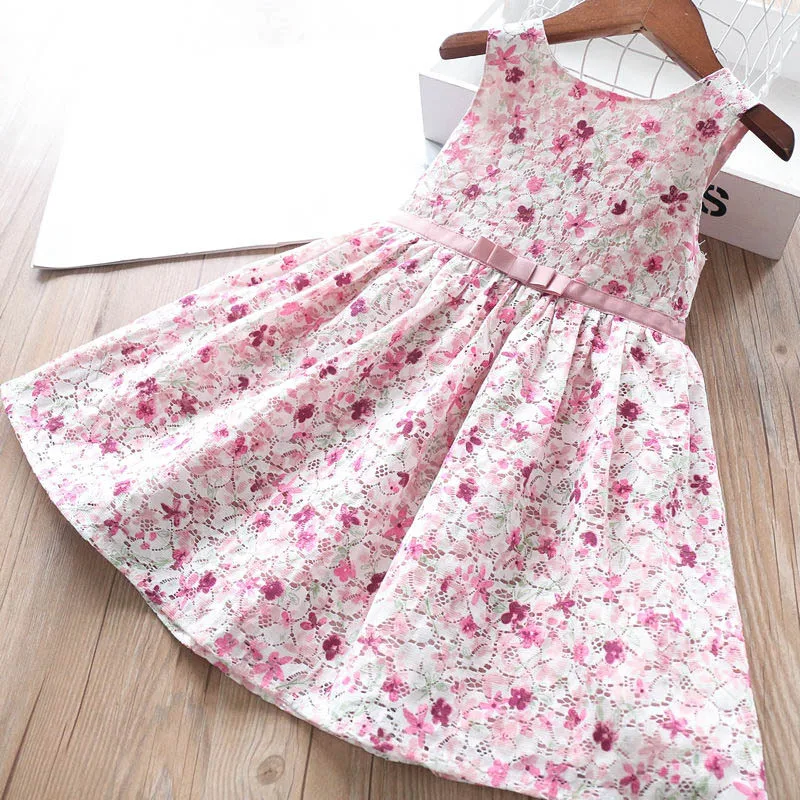 Милое детское кружевное платье принцессы без рукавов с цветочным узором для девочек; яркие розовые летние вечерние платья в западном стиле с оборками