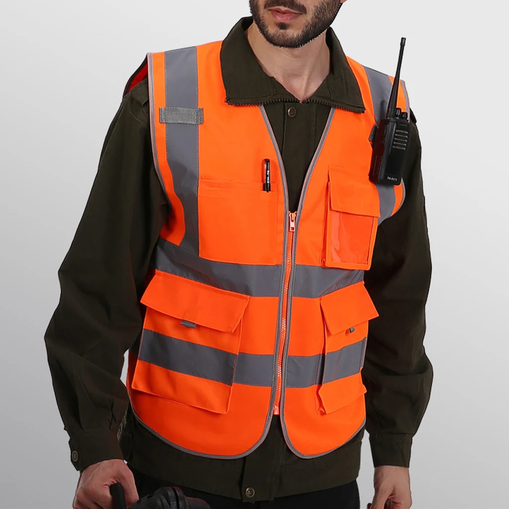 4 Pockets Class 2 High Visibility Zipper Front Safety Vest With Reflective Strips