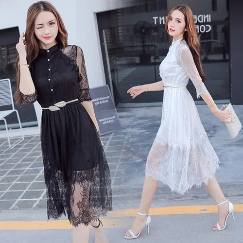 

Loose Casual Brief Women Dress A-line Fashion Chffion Summer Dress Single Breasted Mesh Lace Korean White Dress