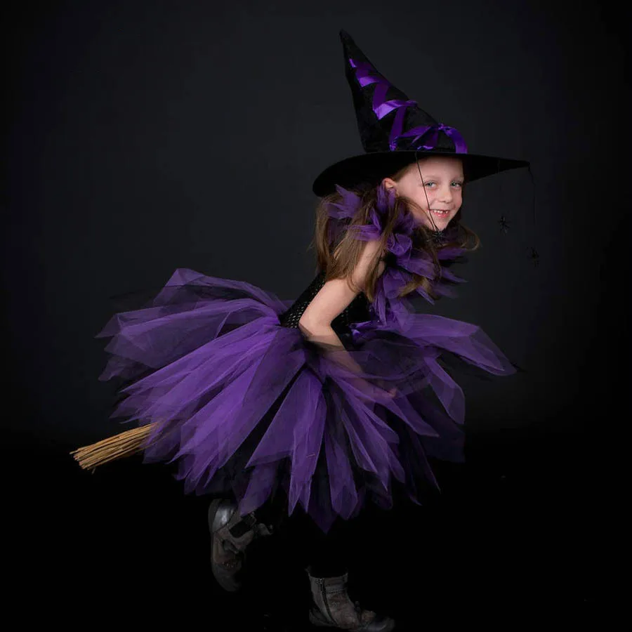 Фиолетовое, черное платье-пачка ведьмы для девочек с шляпой ведьмы ручной работы, костюм на Хеллоуин карнавальный костюм, вечерние платья для костюмированной вечеринки