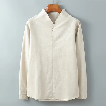

Men's Long Sleeve Pullover Shirts Man Casual White Collarless Spring Cotton Linen Shirt Male Brand Clothing Y2335