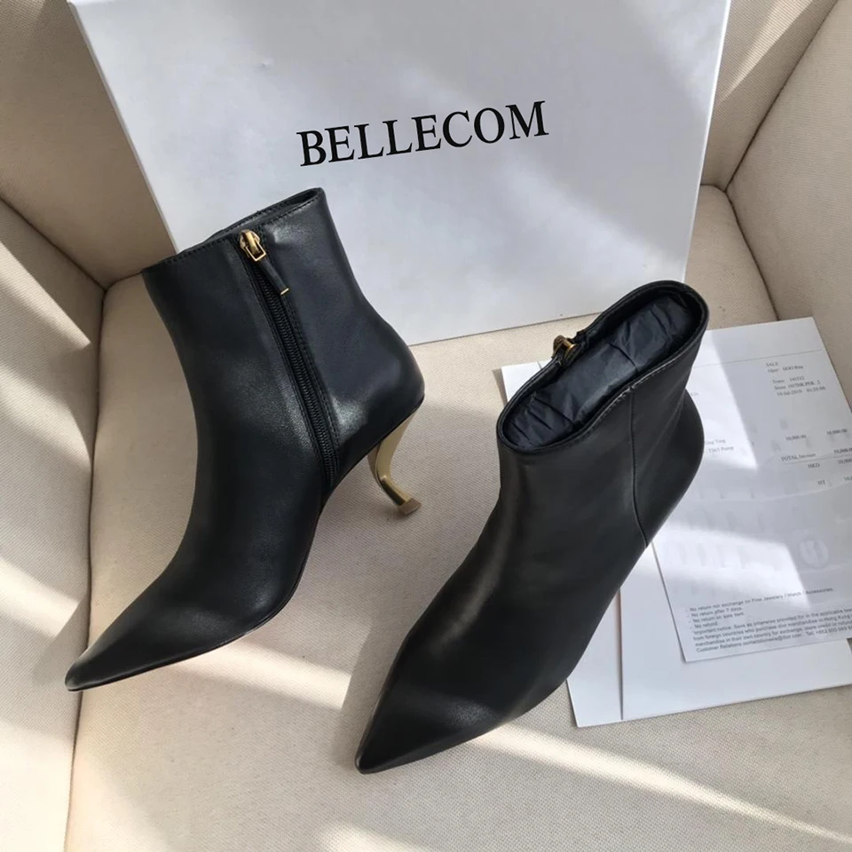 

SONFRNCH 2019 Autumn and Winter New Style Women's Leather Tip Bare Boots Metal Fine-heeled Shoes Fashion Boots