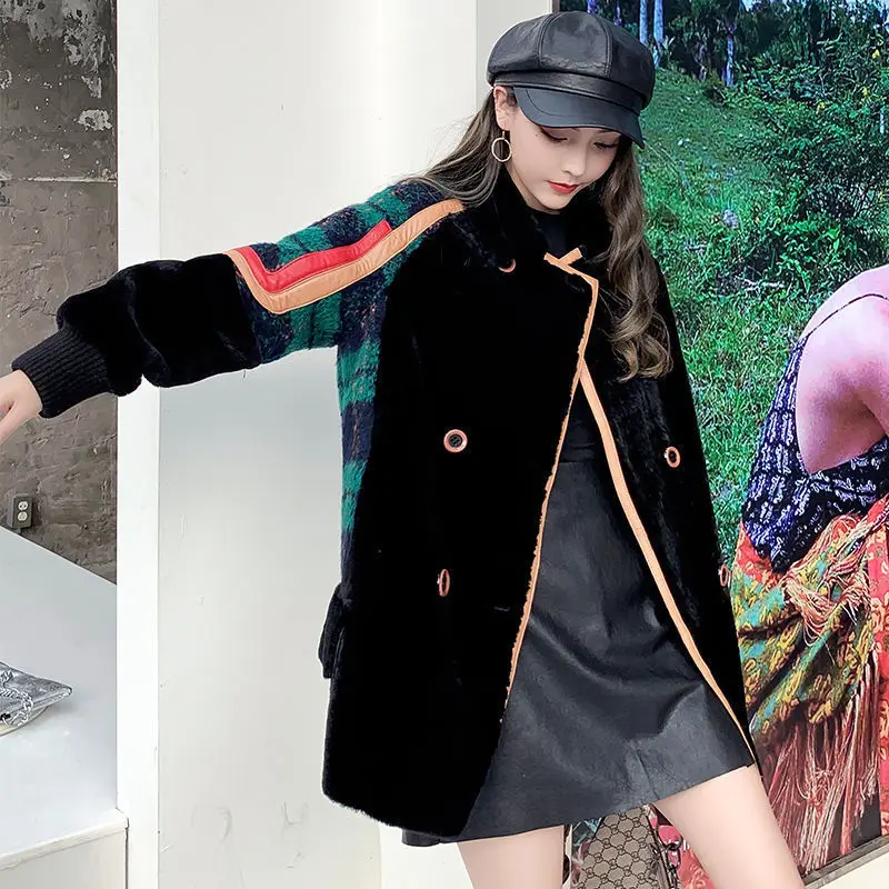 

New fashion color contrast fur imitation one-piece coat women's middle long woolen coat