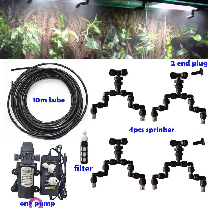 10 м рептилия Fogger Туман Спринклерный насос системы для тропического леса танк с 4 шт. Регулируемый аквариум для аквариумных животных запотевания сопла