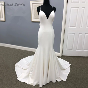 

Simple Mermaid Wedding Dress 2020 Elegant Spaghetti Straps Open Back Heavy Crepe Bridal Gown Chapel Train vestidos de novia