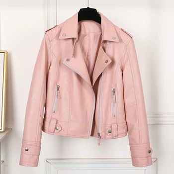 

Female 2020 New Design Spring Autumn PU Leather Jacket Faux Soft Leather Coat Slim Black Rivet Zipper Motorcycle Pink Jackets