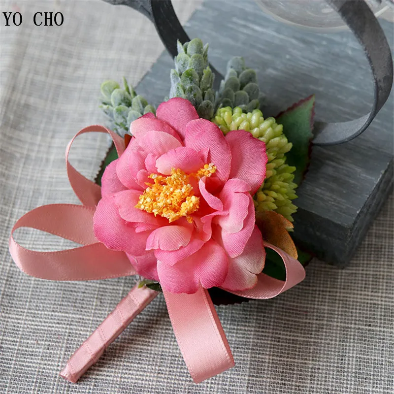 Yo Cho Di Seta Fiori Di Peonia Boutonniere Di Cerimonia Nuziale All'Occhiello Sposo Rosso Fiori Artificiali Corsage Polso Braccialetto Damigella D'Ono
