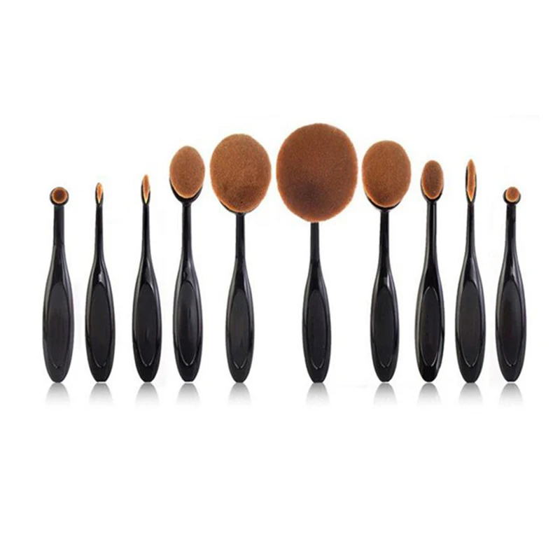 10pcs black Профессиональные Овальные макияжные кисти для 10 шт./партия цвета розового золота, набор супер мягких кистей для макияжа, набор для нанесения основы, пудры, косметическая кисть, набор инструментов - Handle Color: 10pcs black