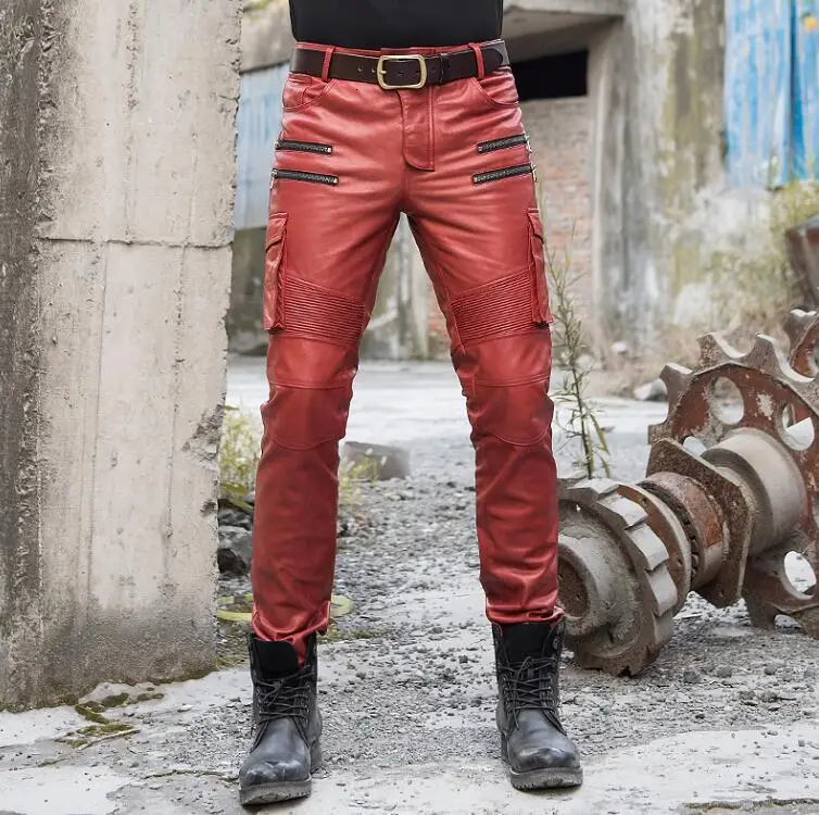 Мужские осенне-зимние кожаные узкие брюки из овчины, тактические брюки с несколькими сумками, Кожаные Мотоциклетные узкие брюки - Цвет: red