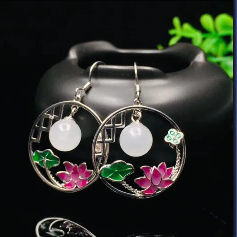 Unique 925 Sterling Silver Natural Hetian White Jade Frame Inlaid With Beads And Lotus Leaves Hook Earrings For Wome | Украшения и