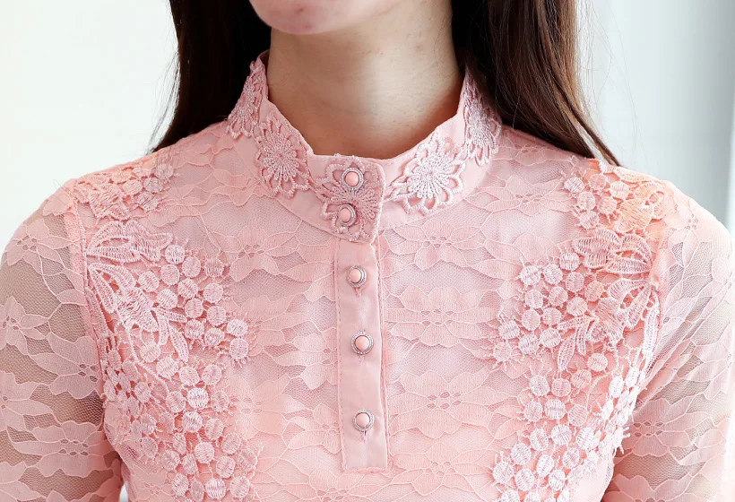 4XL blusas mujer de moda осенние кружевные топы с длинным рукавом модные повседневные женские блузки со стоячим воротником рубашки размера плюс женские топы
