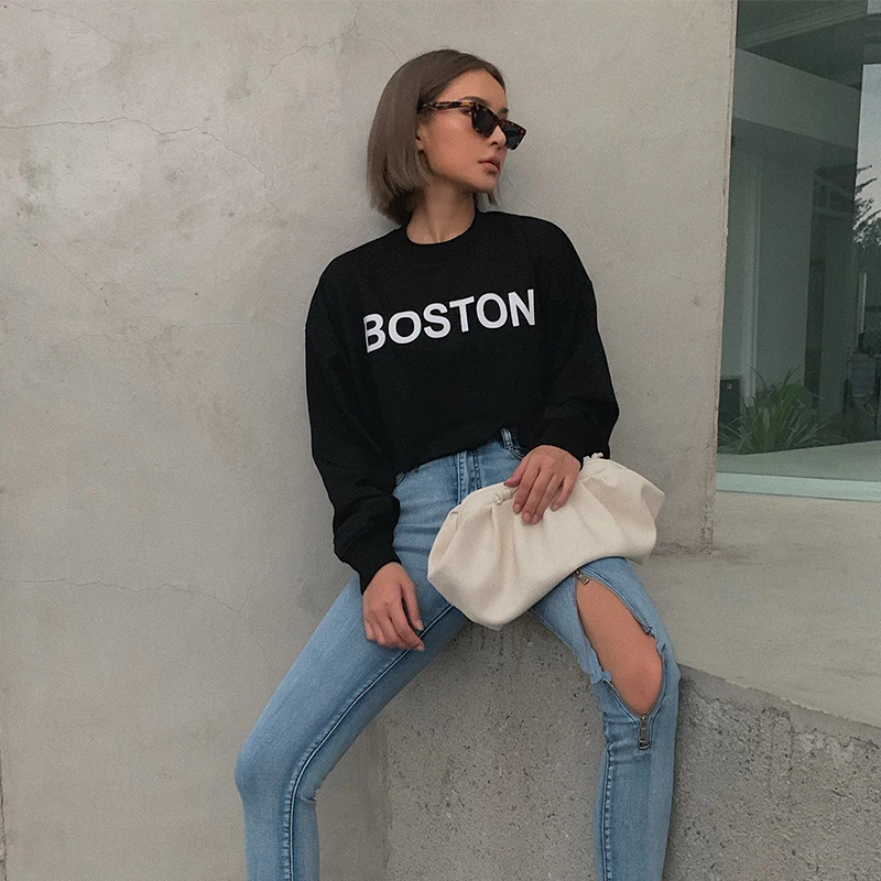 2022 new fashion casual women's clothing Retro college wind old torn curled letters female college wind wild Sweatshirt