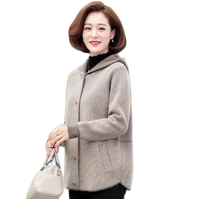 

Новинка, весенне-осенняя одежда, женское вязаное шерстяное пальто, пальто с капюшоном для матерей среднего возраста, однобортная Свободная Женская куртка