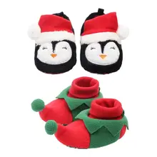 Рождественский костюм для новорожденных; нескользящая обувь для младенцев с рисунком пингвина эльфа; теплые тапочки для младенцев с толстой плюшевой подкладкой