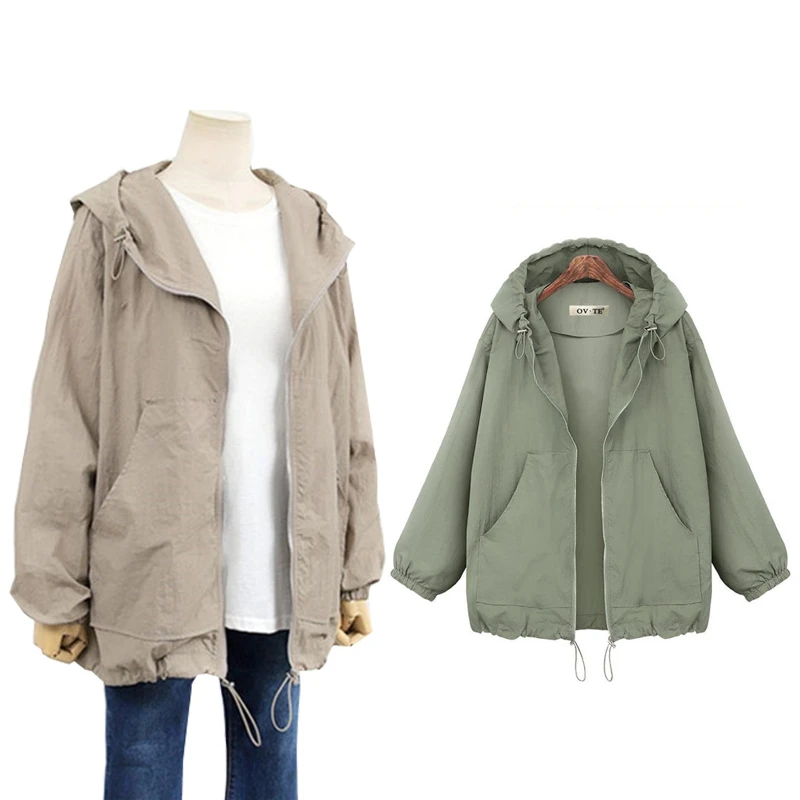 

Women Long Sleeves Hooded Coat Drawstring Closure Overcoat Casual Zipper Jacket