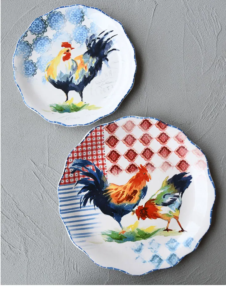 Idyllic style hand-painted rooster ceramic dish tableware Western flat plate steak salad snacks snacks dessert cake storage tray