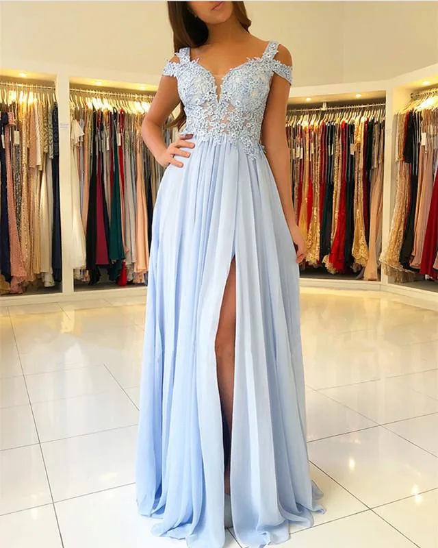 

Sky Blue Bridesmaid Dresses Long Side Split Off Shoulder Lace Appliques Prom Party Gowns Wedding Guest Maid Of Honor Dresses
