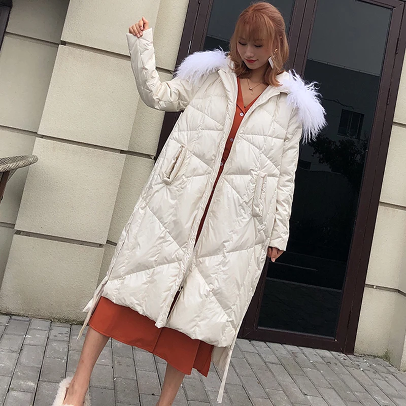 

Winter Long Down Jacket Women Hooded Ultra Light White Duck Down Parka Warm Large Real Fur Collar Snow Street Outwear