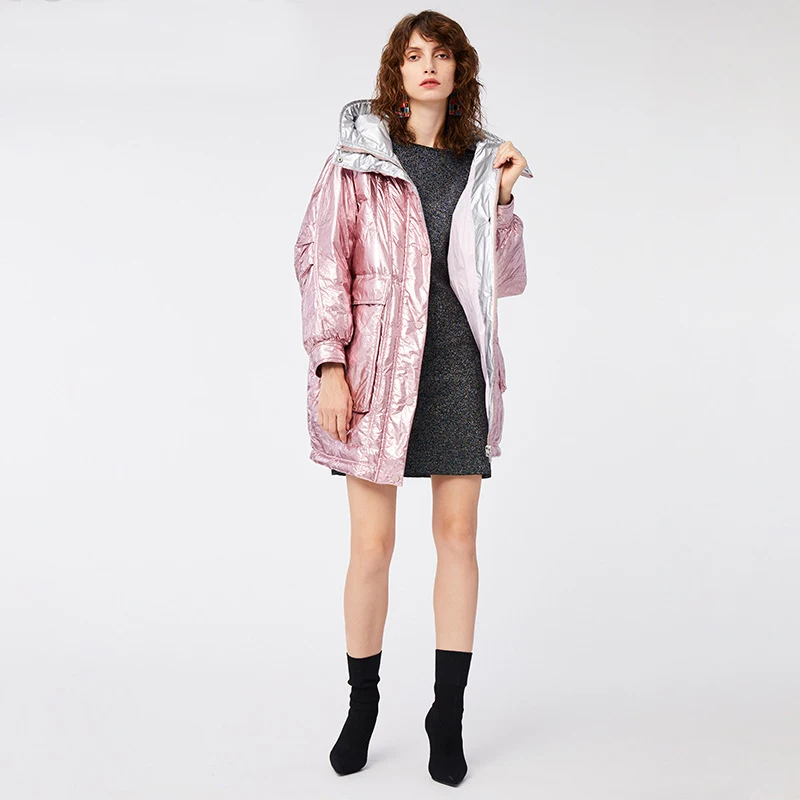 new women winter medium-long down jacket bright bread coat with silver interior windproof paded outerwear with large pocket