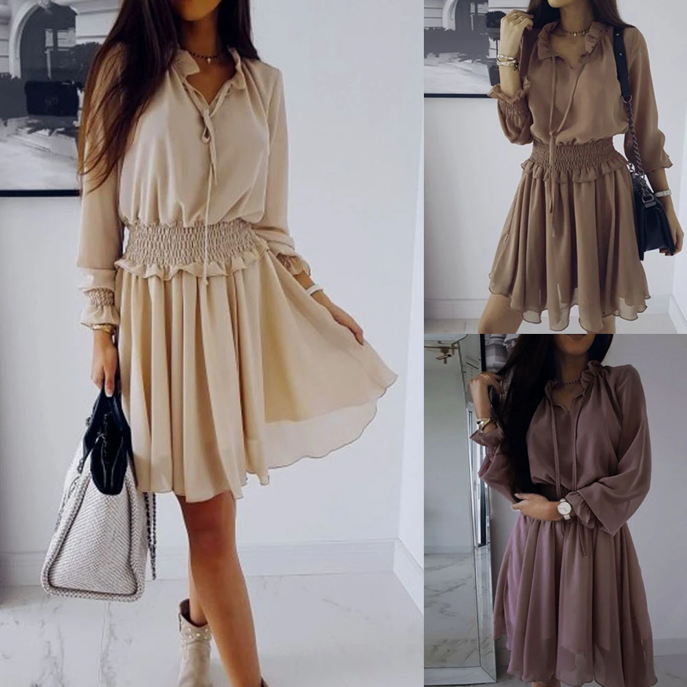 Women Fall Long Sleeve Dress Elegant Party Female Chiffon Dress O Neck Solid Pleated Casual Office Winter Vestidos Mujer 807