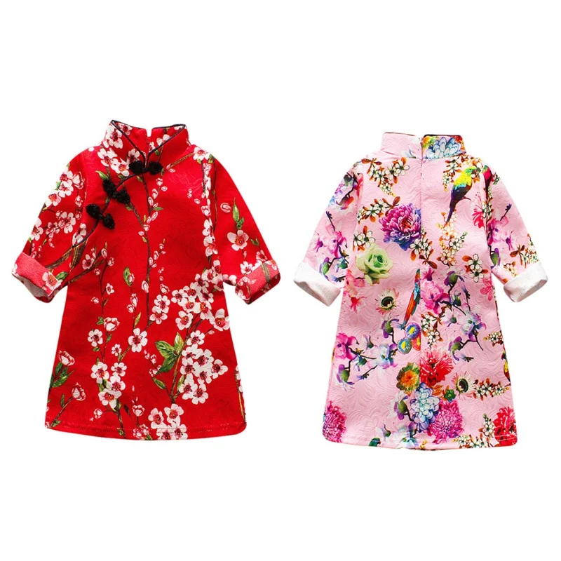 Платье Чонсам в китайском стиле; детское Новогоднее приталенное платье принцессы с короткими рукавами и цветочным принтом для девочек