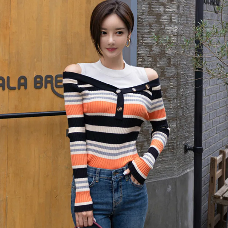 

Autumn Off Shoulder Patchwork Knitted Striped Cloth Casual Pullover Sweater Women's Costomes