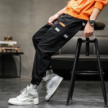 

Men Pants Pocket Beam Logo Design Cargo Pants Men Loose Large Size Wild Drawstring Men Fashion Street Pants Men
