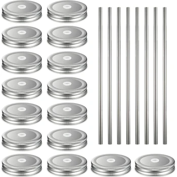 

16pcs Home Portable Canning Storage Solid Caps Tinplate Secure Kitchen Leak Proof Reusable Mason Jar Lids Stainless Steel Straws