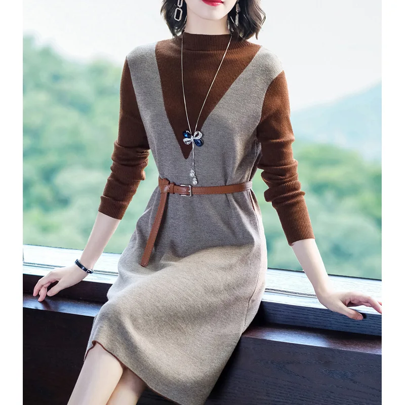 

Half-Turtle-Neck Mock Two-Piece Jersey Dress Elegant Autumn Clothing 2019 New Style Women's Korean-style Popular Skirt