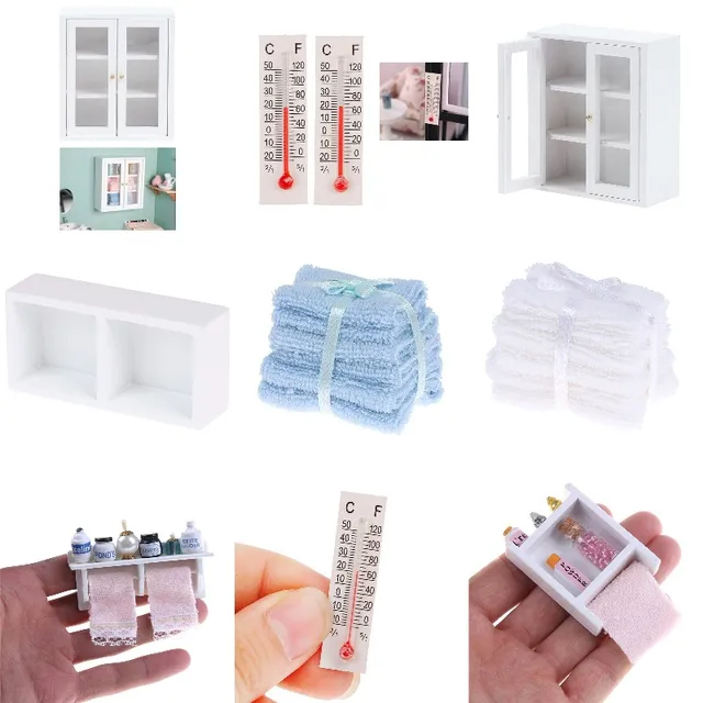 Miniature Cabinet Bathroom Furniture Kits Towel Rack Makeup Cosmetic Set Thermometer Home & Living For 1/12 Scale Dollhouse 2