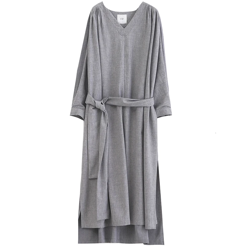 light gray LANMREM, новинка, Осень-зима, v-образный ворот, длинный рукав, серое, свободное, бандаж, боковое, вентиляционное, короткое, длинное, Bgi размер, платье для женщин, модное, JQ745 - Цвет: light gray