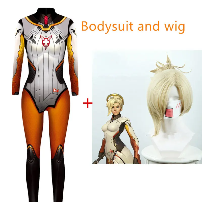 Bodysuit and wig Аниме Комикс Con маскарадные костюмы с 3D принтом надписей леди Мерси парик косплей для женщин Мерси зентай спандекс облегающий костюм dva парик - Цвет: Bodysuit and wig