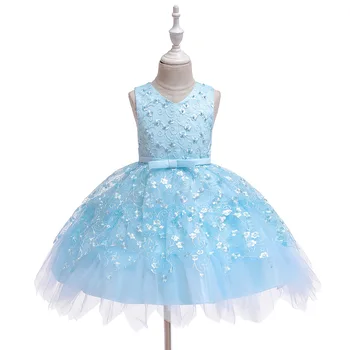 

Embroidered Ceremony Children Formal Clothes Wedding Baby Blue Flower Girl Dresses Summer Sleeveless Kid Cocktail Dress
