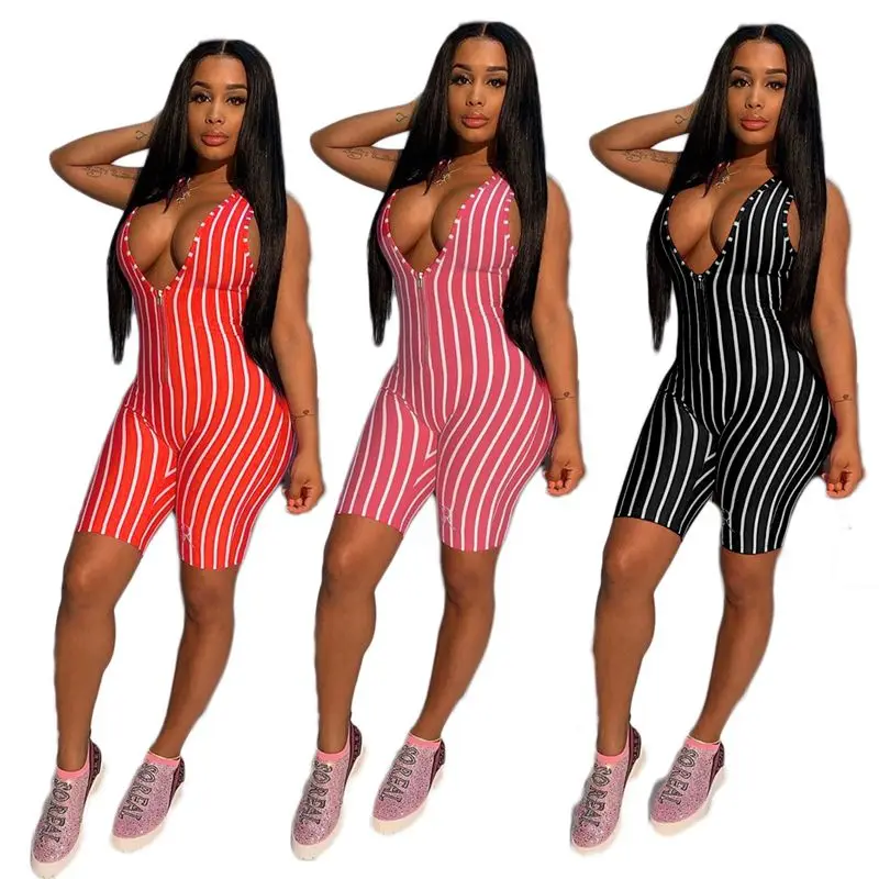 HAOYUAN Sexy Striped Rompers Womens Jumpsuit Biker Shorts 2020 Summer Body Clother One Piece Club Outfits Zip Bodycon Playsuits HAOYUAN Sexy Striped Rompers Womens Jumpsuit Biker Shorts 2020 Summer Body Clother One Piece Club Outfits Zip Bodycon Playsuits