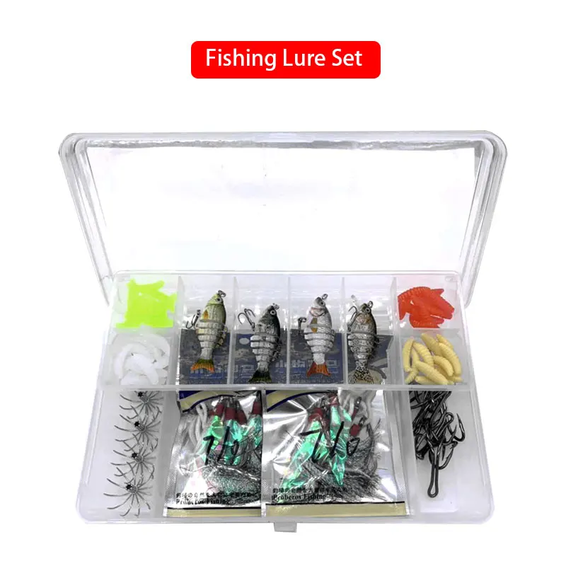 

Fishing Lure Set For 4pcs Multi Jointed Lure 40pcs Soft worm 5pcs Squid /10pcs Double /10pcs Feather Hook 1pcs Double-deck Box